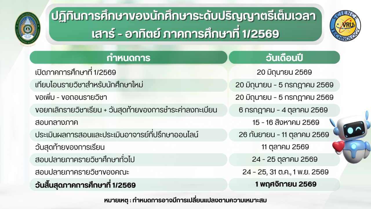 ปฏิทินการศึกษาสำหรับนักศึกษาระดับปริญญาตรีเต็มเวลา ภาคการศึกษาที่ 1/2569 (เสาร์ - อาทิตย์)